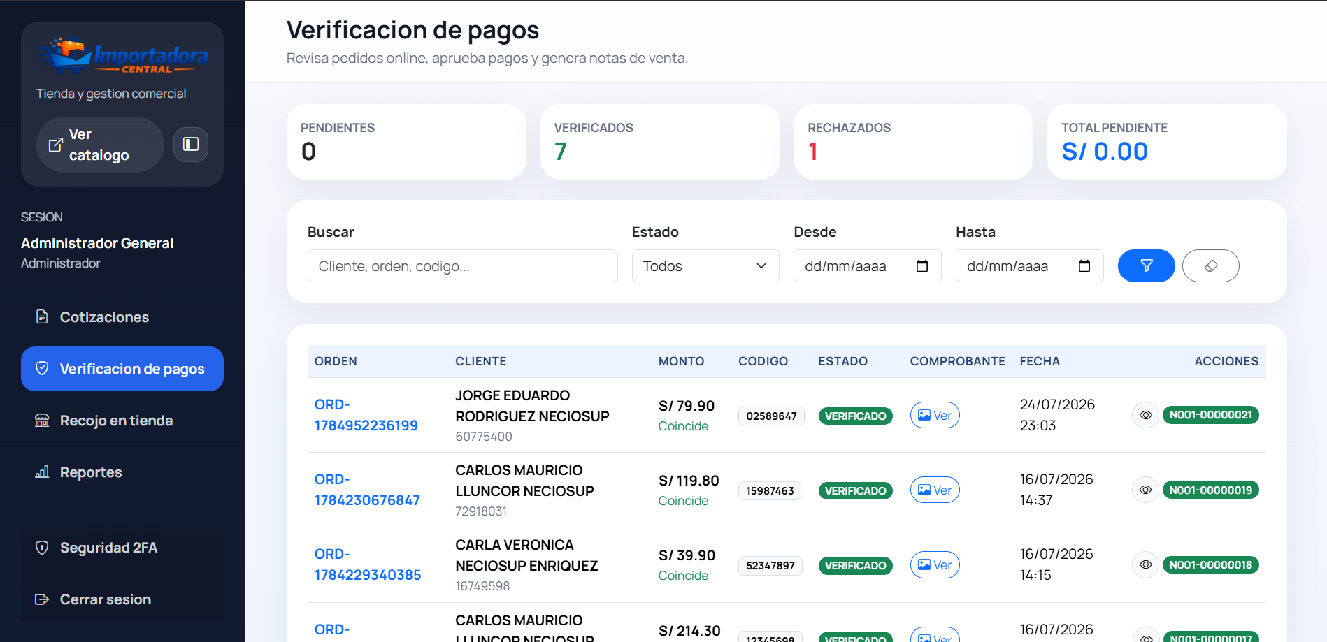 Pedidos online y verificacion de pagos