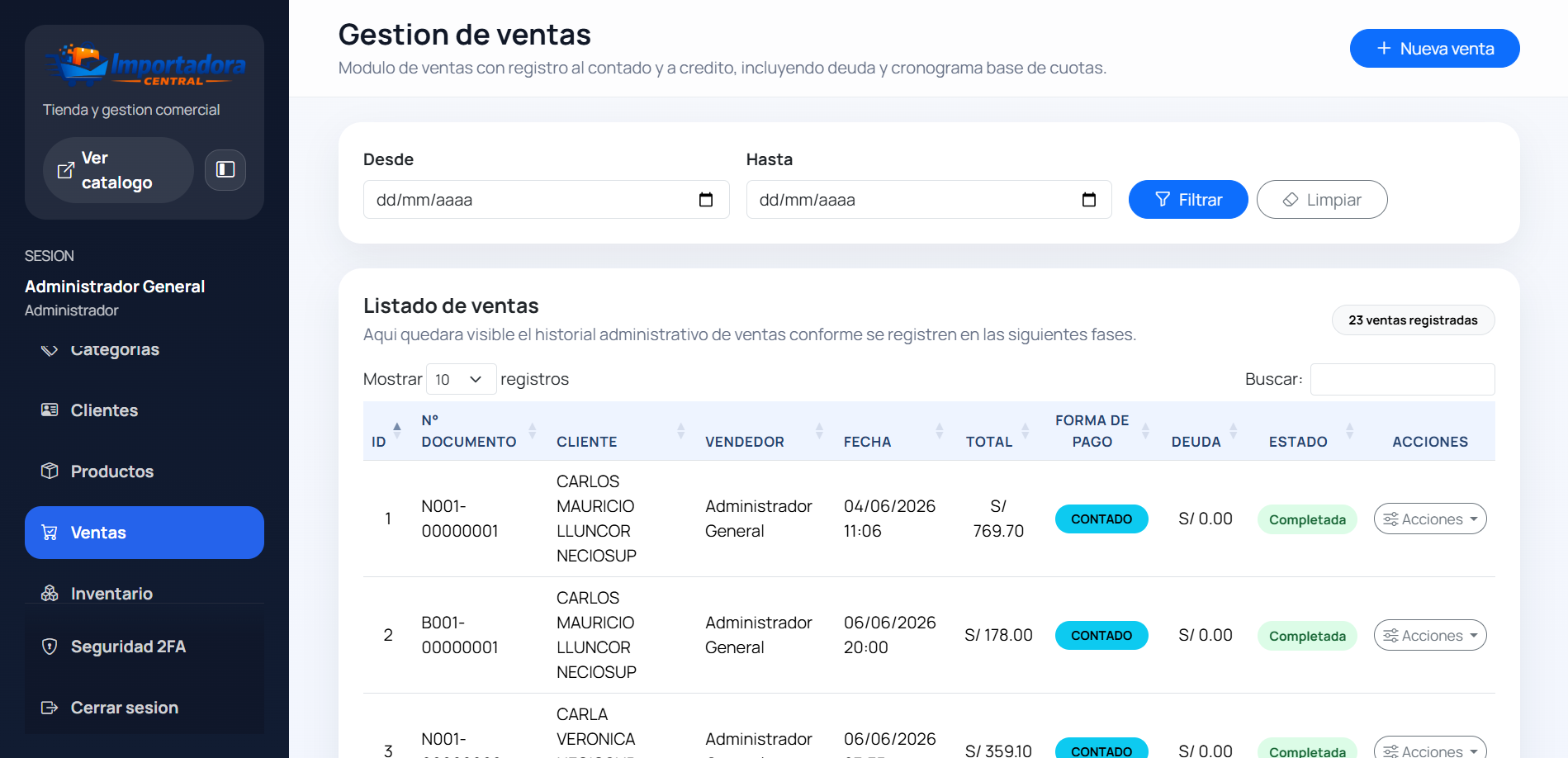 Modulo de ventas del sistema